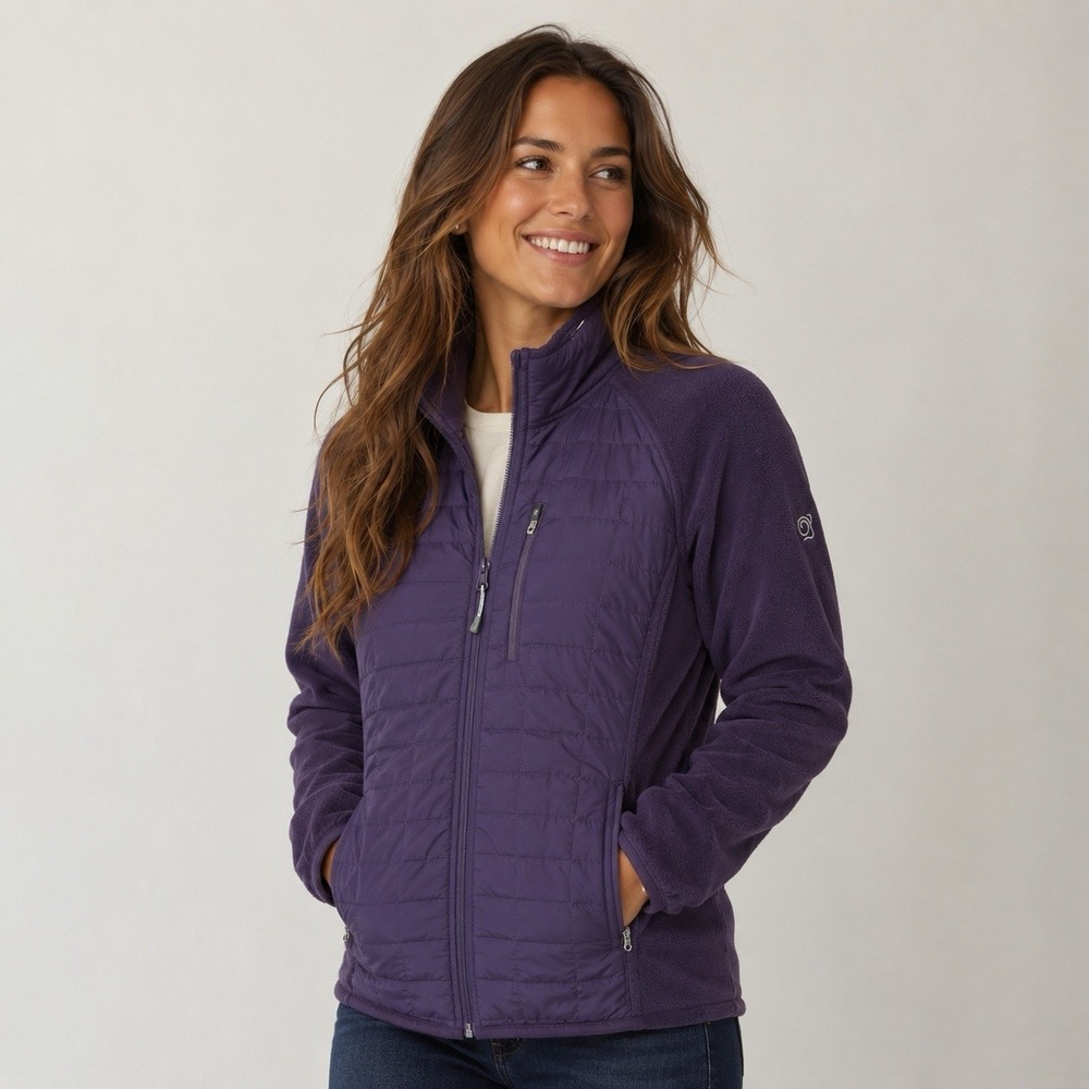 Craghoppers Hybrid Quilted Puffer Fleece Jacket Womens 8 Purple Mock Neck Zip Up